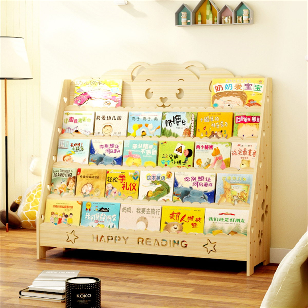 慧乐家实木书架简易落地书柜小学生书报架幼儿园绘本架松木置物架宝宝书架高清大图