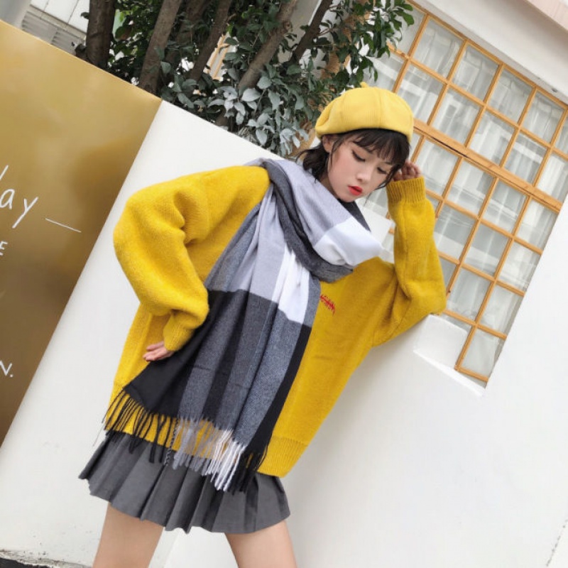 2023新款加厚围巾女冬季韩版网红围脖披肩保暖流苏格子围巾_903 新大格4号色黑白格大号200CM*70CM