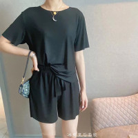 冰爽皇后套装女夏薄款宽松时尚冰丝休闲居家服短袖短裤懒人两件套 黑色 均码[80-130斤]