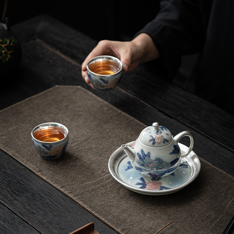 苏氏陶瓷(SUSHI CERAMICS)鎏银国礼牡丹壶茶具套装非遗传承人郑文强作品一壶两杯带壶承礼盒