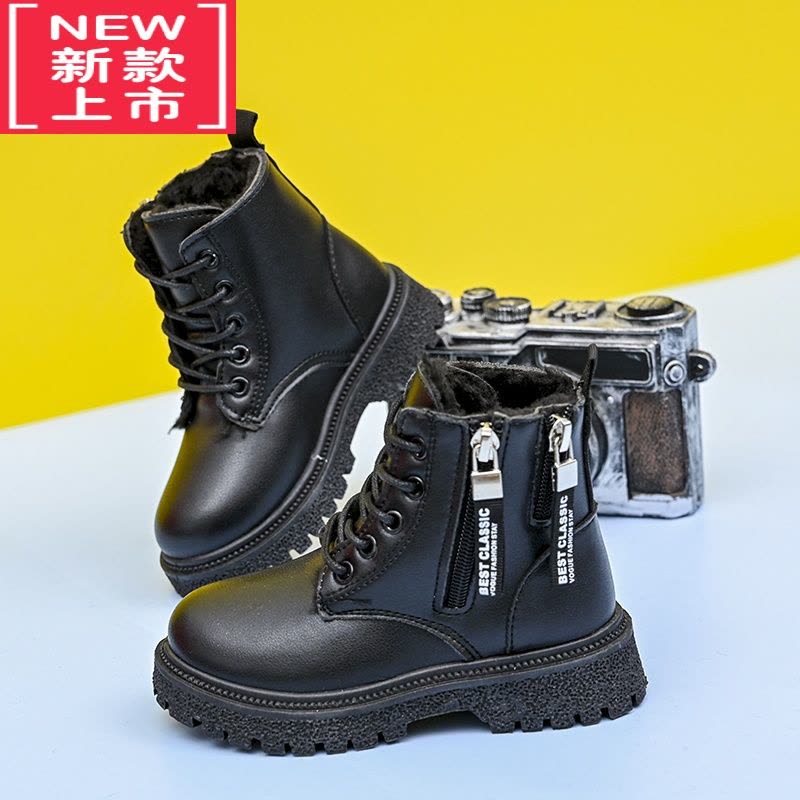 可莉允女童靴子2021秋冬款英伦风短靴男童马丁靴儿童鞋加绒保暖棉鞋皮靴图片