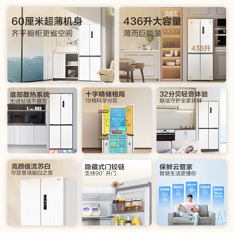 美的(Midea)60cm薄系列十字双开四开门多门超薄嵌入式风冷家用白色智能电冰箱一级双变频MR-457WUSPZE高清大图