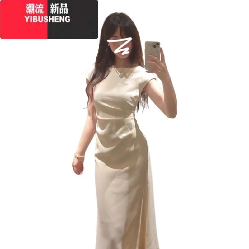 YIBUSHENG法式气质白色短袖连衣裙子女季2024新款设计感收腰鱼尾包臀长裙