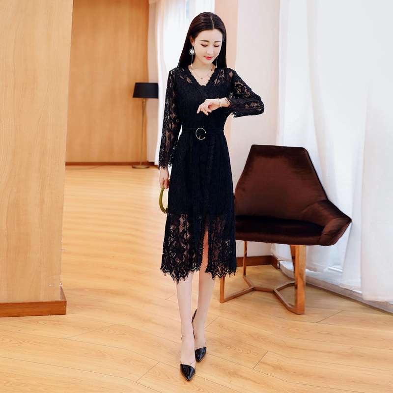 中长款长袖v领连衣裙女装女士春秋季新品两件套蕾丝修身套装裙子