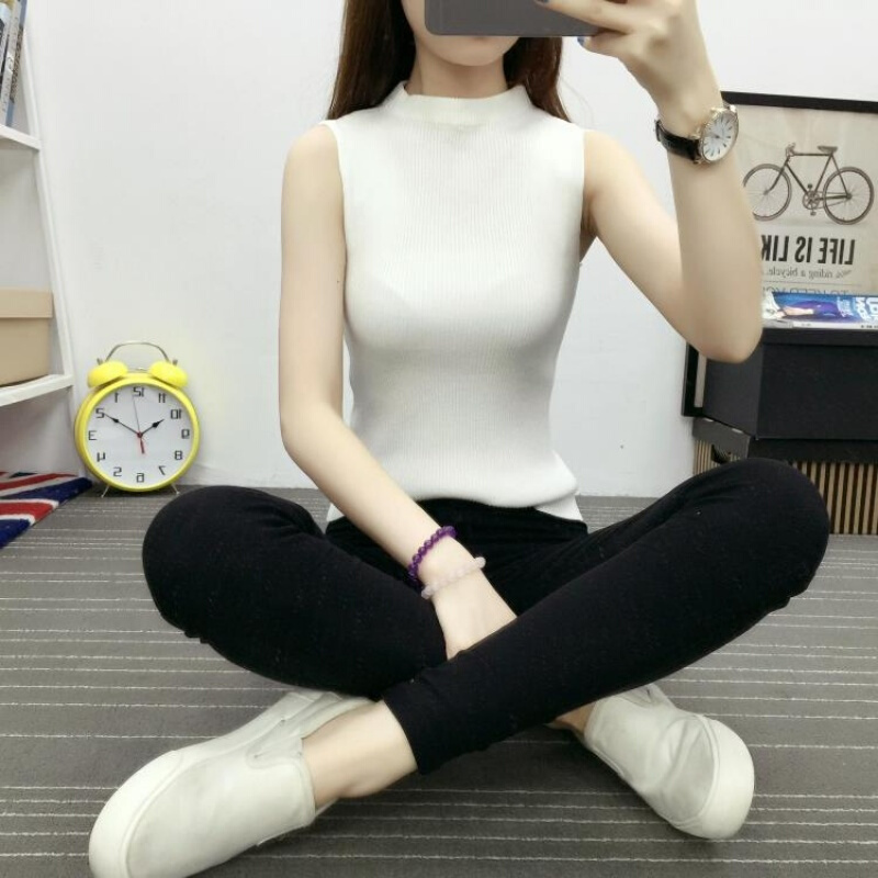 2016夏季韩版修身高领无袖针织衫背心女士薄款套头纯色打底衫上衣白色均码建议80-130斤左右