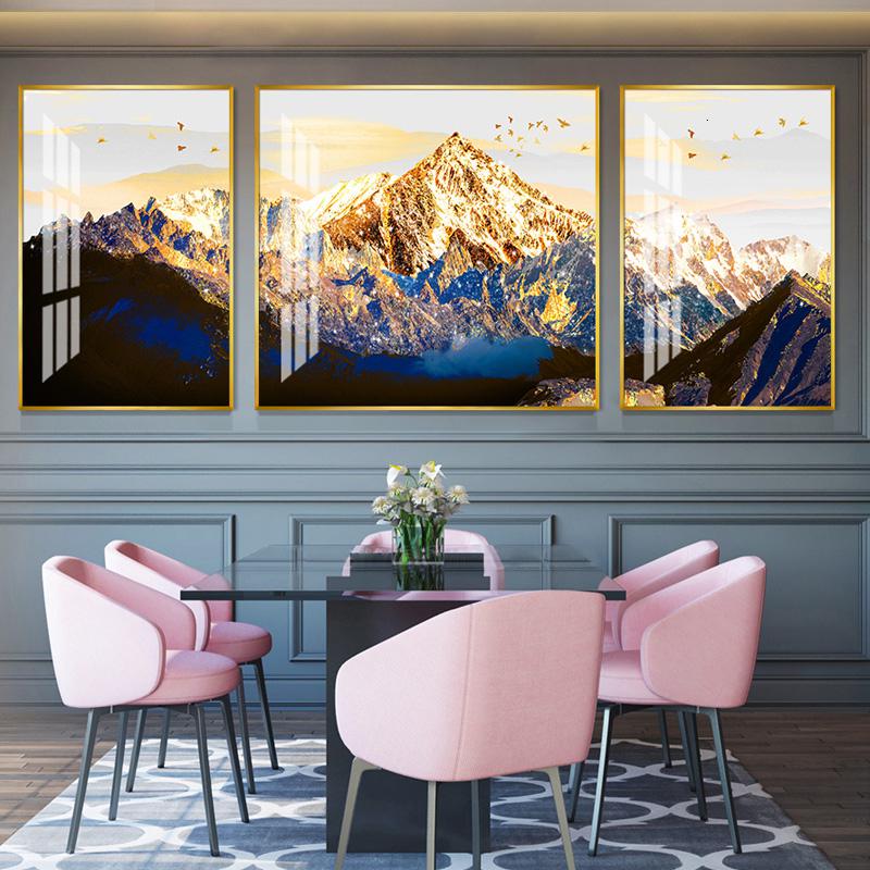 现代简约风格山水画风景画晶瓷画镶钻轻 金山云海(金色边框) 50*70cm三联套装(建议2.5-3米沙发)摩登黑[铝合金高清大图