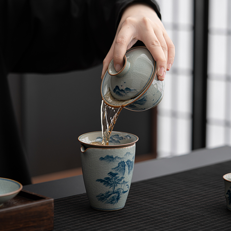 苏氏陶瓷(SUSHI CERAMICS)汝窑开片手绘山水泛舟三才盖碗茶壶礼盒茶具组