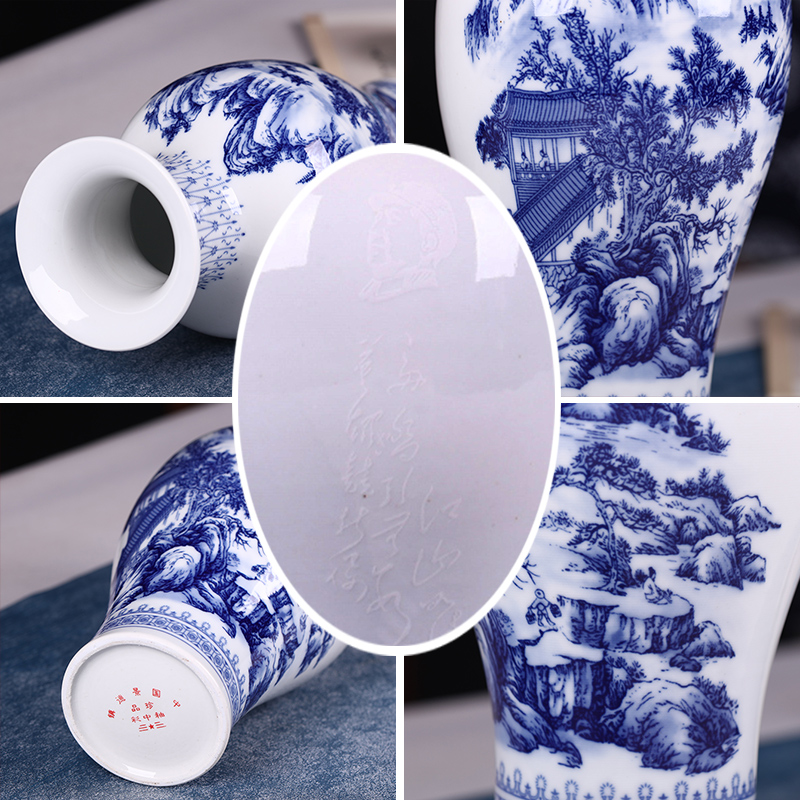 景德镇陶瓷器大号新中式青花瓷花瓶插花家居客厅饰品电视柜摆件 三维工匠 大号荷塘月色冬瓜瓶+送实木底座高清大图