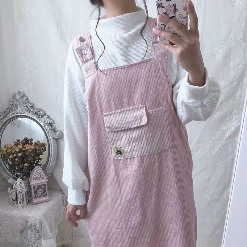 两件套新款学院风灯芯绒背带连衣裙子女内搭打底针织衫套装