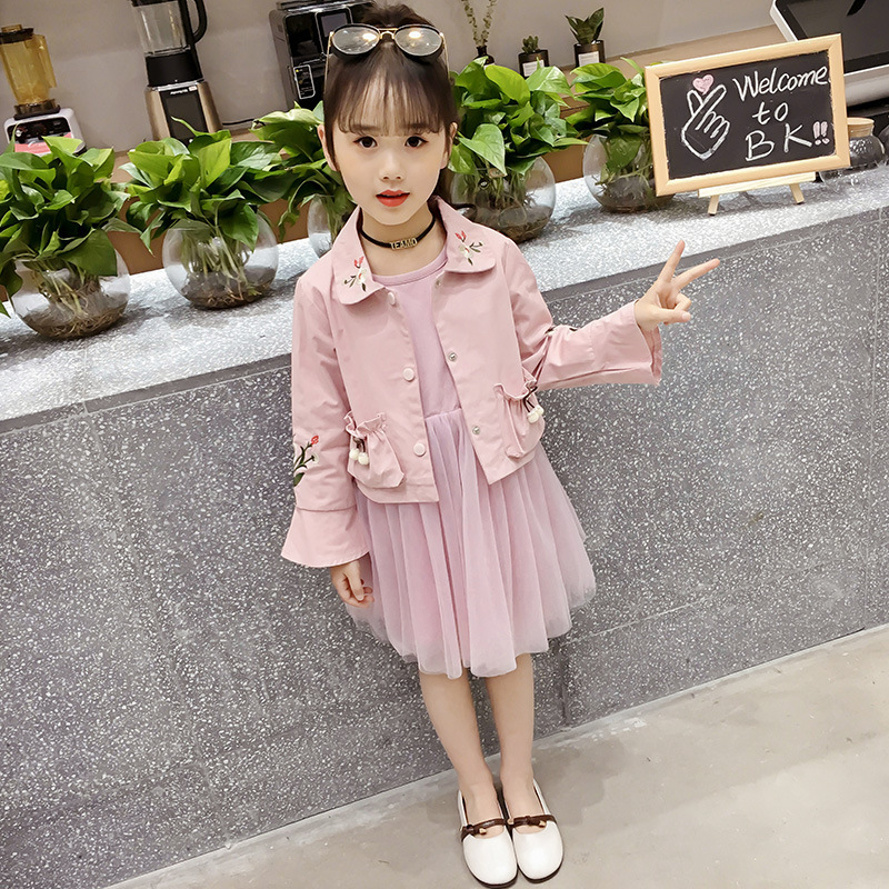孩子衣服6岁7岁9岁女童套装2019春装新款儿童套裙时髦洋气连衣裙外套