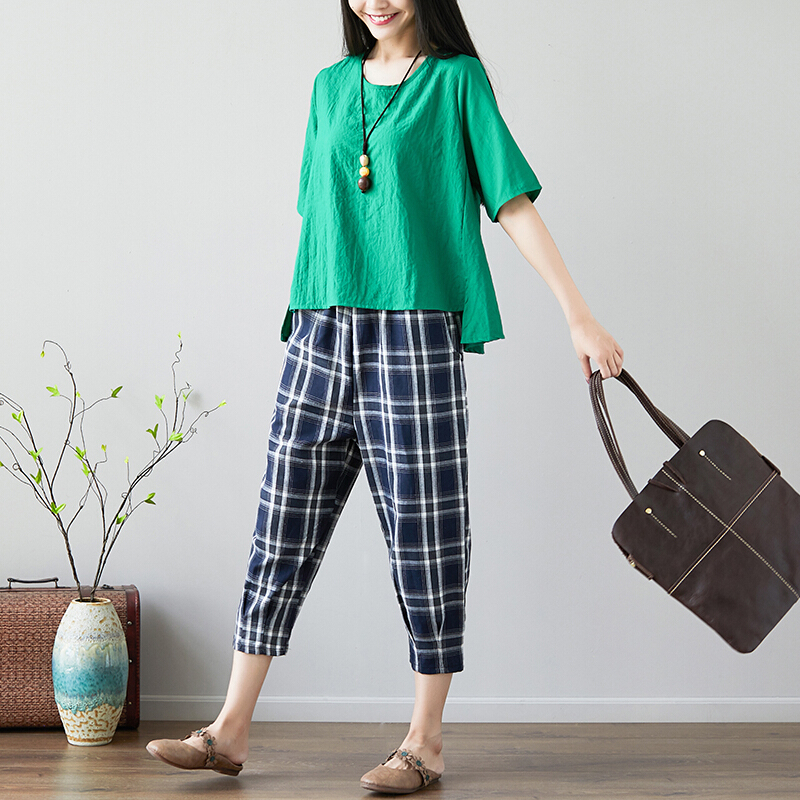 夏新款民族风棉麻套装女大码宽松时尚休闲亚麻格子七分阔腿裤两件