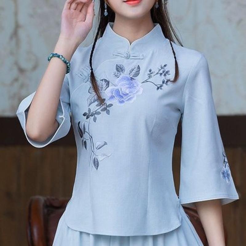 民国风女装汉服正版原创盘扣中国风古装刺绣汉服女装上衣女超仙装浅蓝