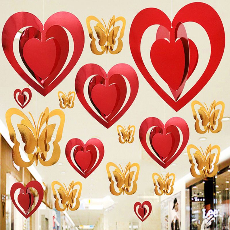 装饰品手机金店橱窗吊顶创意布置 金 蒂芙尼蓝 心形挂件一套[4个装]