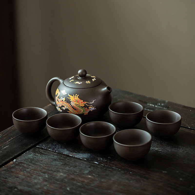 华普思茶具凤鸣遇热变色紫砂壶手工龙凤呈祥大号茶壶泡茶壶 变色凤鸣西施壶一壶六杯