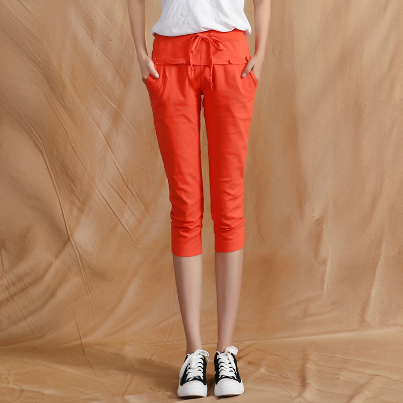 夏季棉麻七分裤女薄款马裤显瘦小脚哈伦裤休闲韩版大码宽松萝卜裤