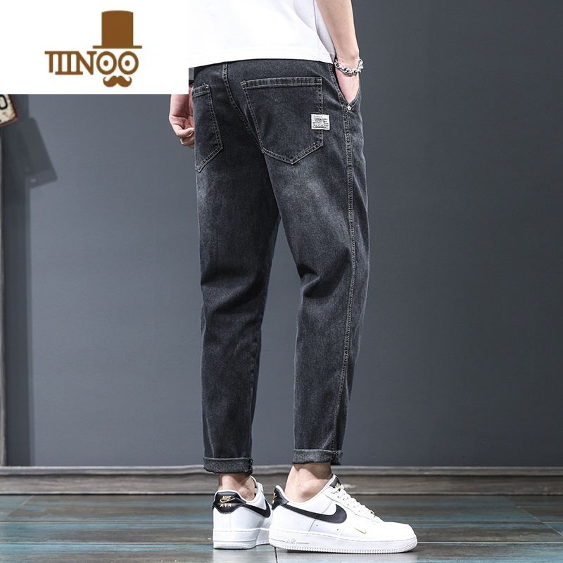 YANXU夏季男款裤子薄款潮流宽松百搭弹力水洗休闲九分直筒男士牛仔牛款高清大图