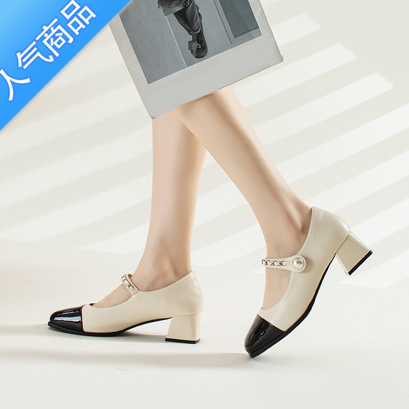 SUNTEK玛丽珍单鞋女2023新款春夏季法式晚晚风复古小皮鞋软底高跟凉鞋子高清大图