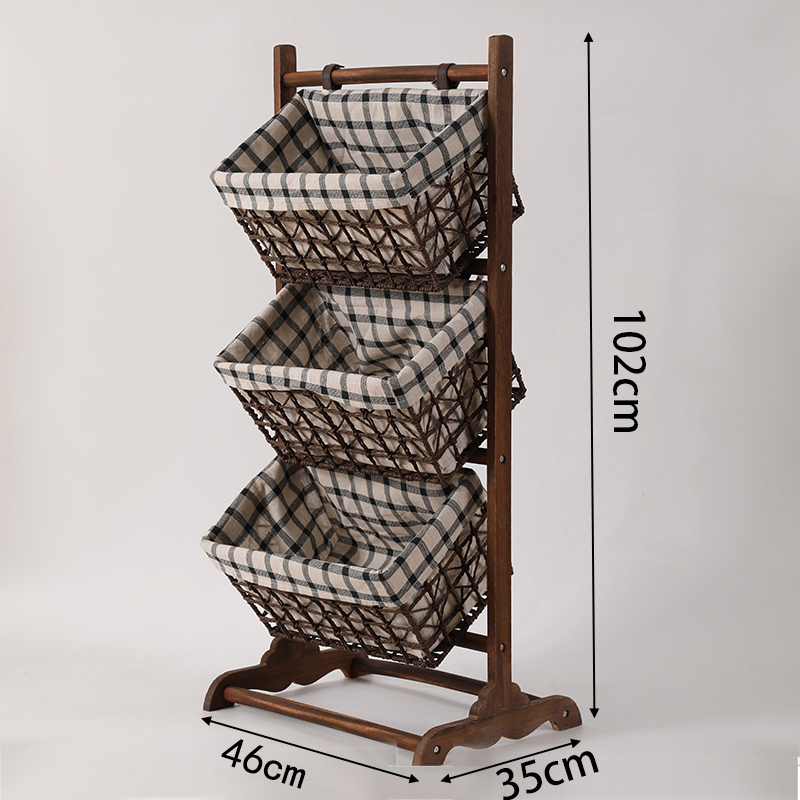 森美人布艺玩具收纳架客厅落地杂物储物架藤编多层书报架实木置物架 三层烤架-方格新款46宽