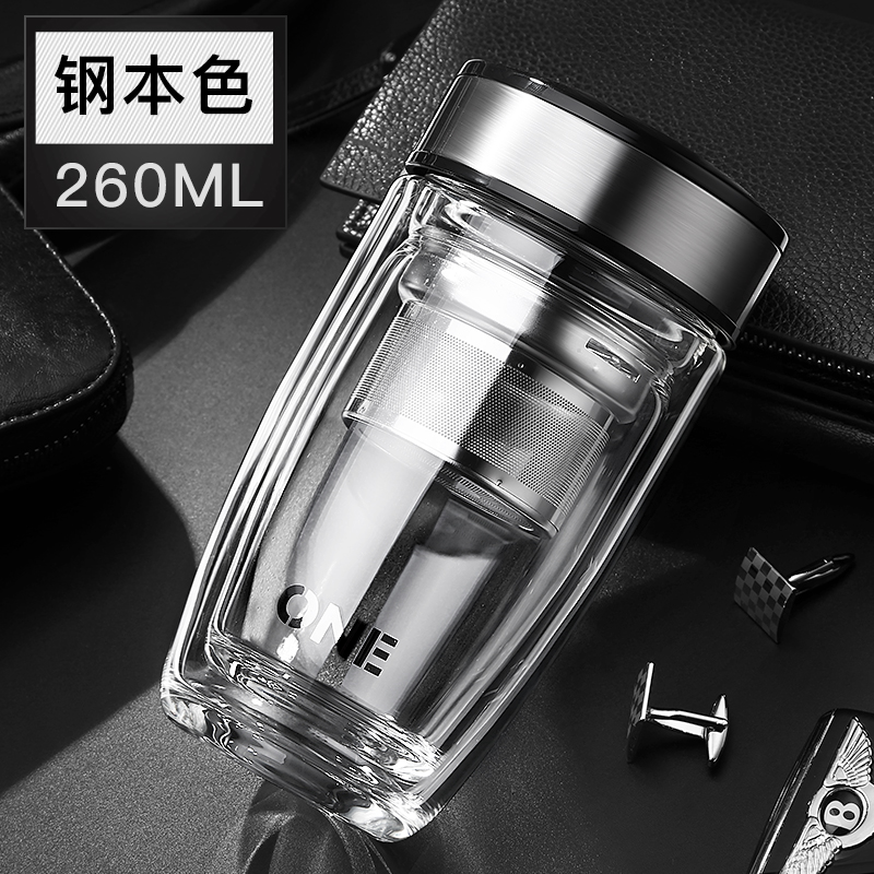 家柏饰(CORATED)双层玻璃杯男士便携家用办公室泡茶杯子加厚隔热带盖过滤随手水杯 皮纹棕380ML+杯刷+杯套高清大图