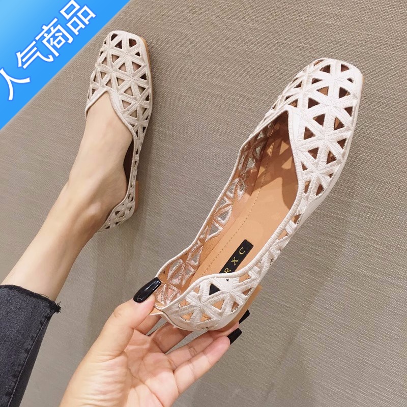 SUNTEK凉鞋女夏中跟2023夏款罗马风刺绣镂空复古方头粗跟单鞋透气洞洞刺高清大图