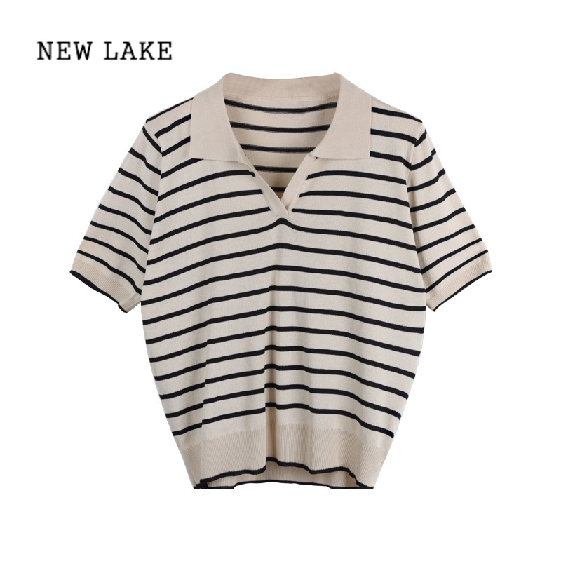 newlake慵懒风条纹v领套头polo衫女装夏季百搭复古t恤宽松短袖针织衫