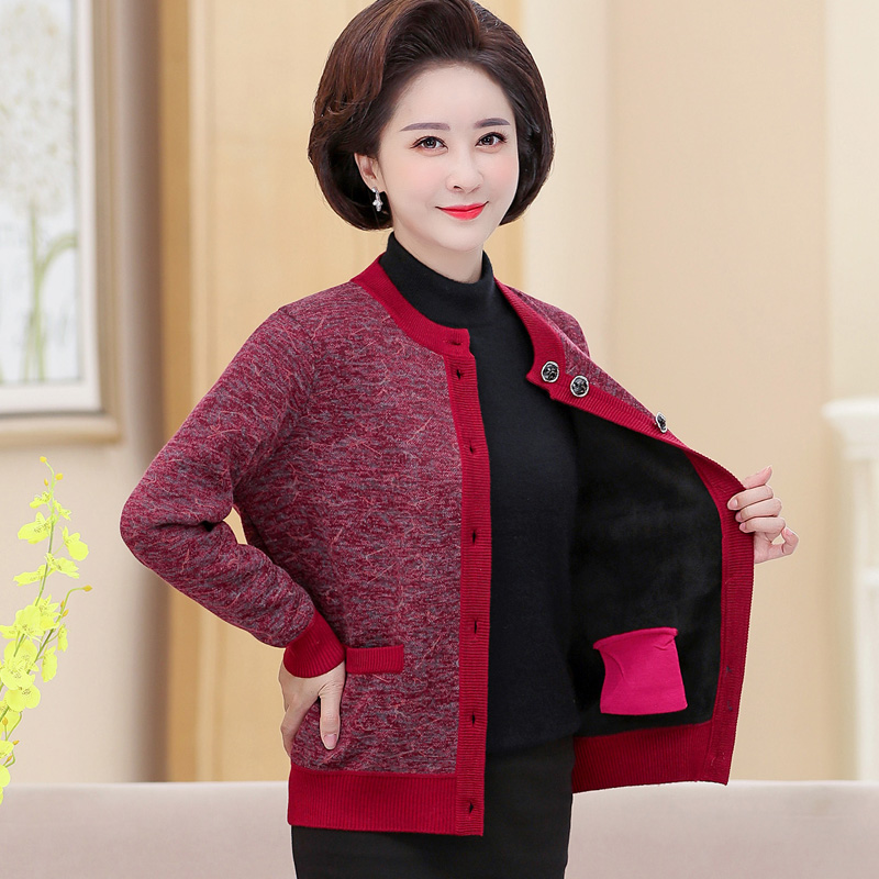 品牌送礼妈妈装羊绒衫女中老年奶奶宽松加大码毛衣本命年老太太开衫女羊绒开衫女印花毛衣女中老年人保暖羊毛衫加绒外套高清大图