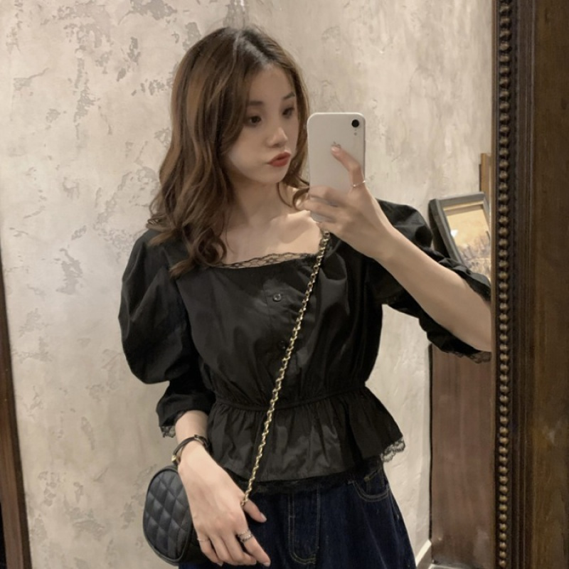 蕾丝花边方领衬衣夏季收腰显瘦泡泡袖短款衬衫