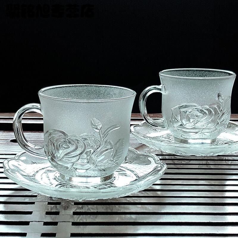 透明带把玻璃杯磨砂玫瑰花杯加厚茶水杯办公室花茶杯咖啡杯简约