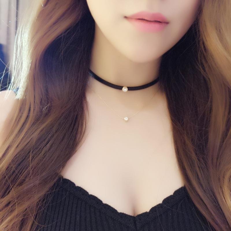 韩国人气新品 女神锆石镶钻皮绳双层颈链 项链锁骨链送女朋友老婆生日礼物送女朋友七夕情人节礼物