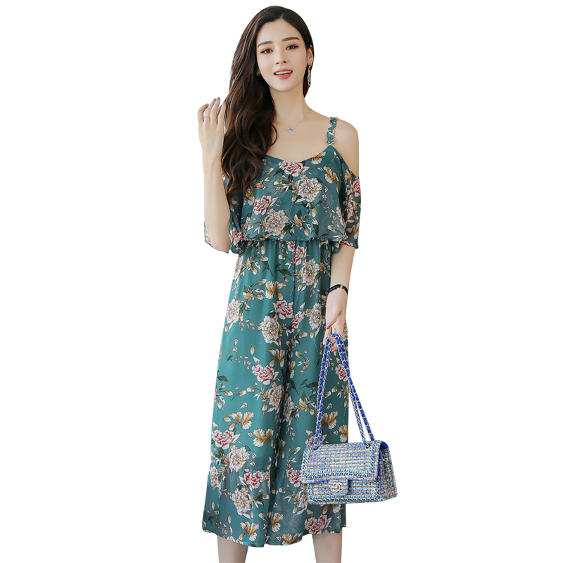 时尚阔腿裤夏高腰性感带连体裤女女士夏新品韩版沙滩碎花雪纺潮