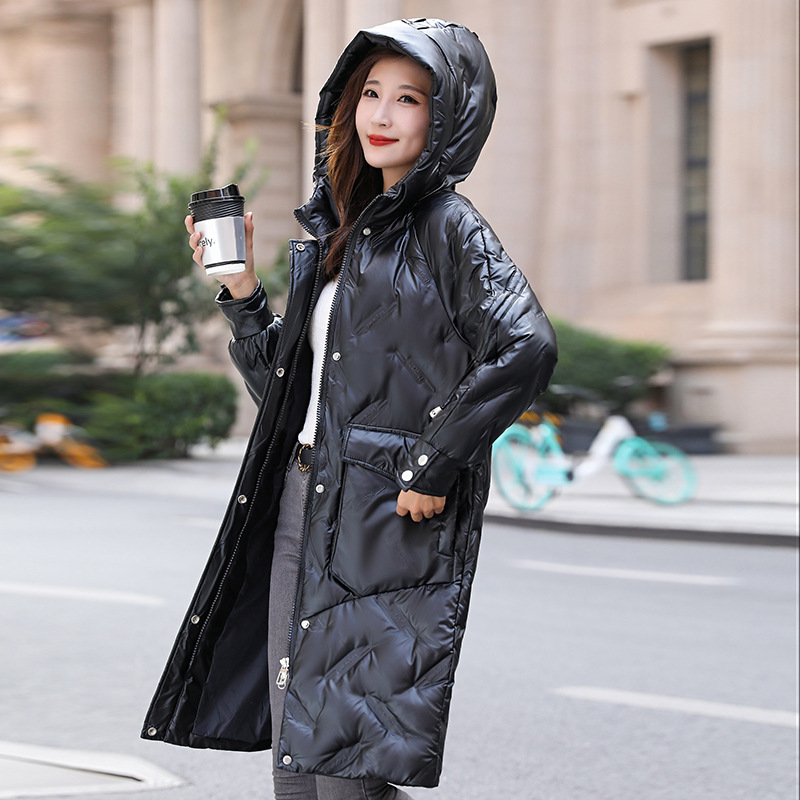 亮面羽绒服女中长款免洗白鸭绒韩版宽松学生冬季连帽保暖羽绒外套
