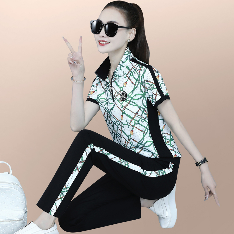 冰丝运动套装女夏洋气减龄显瘦女士花色短袖长裤休闲跑步服两件套
