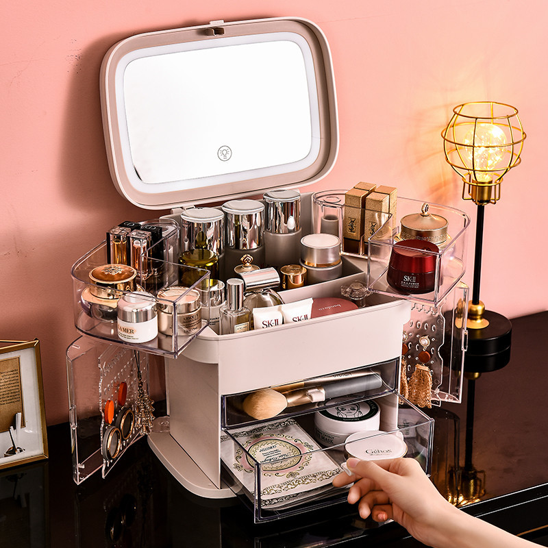 网红化妆品收纳盒闪电客抖音同款led镜子桌面防尘口红护肤品收纳