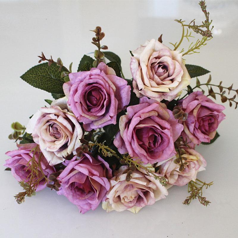 玫瑰仿真花束复古仿真花假花绢花客厅装饰花欧式摆件婚庆摆设-紫色