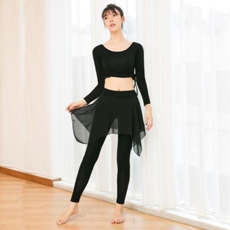 舞蹈练功服套装女成人衣服裙裤跳舞衣形体中国古典教师民族舞服装 黑色长袖+雪纺裤双侧抽绳 S