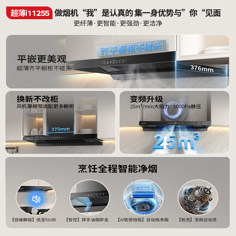 华帝(vatti)[小飞碟SE]超薄平嵌欧式抽油烟机 i11255 变频25风量 大吸力自清洁 脱排抽油烟机 齐平橱柜高清大图