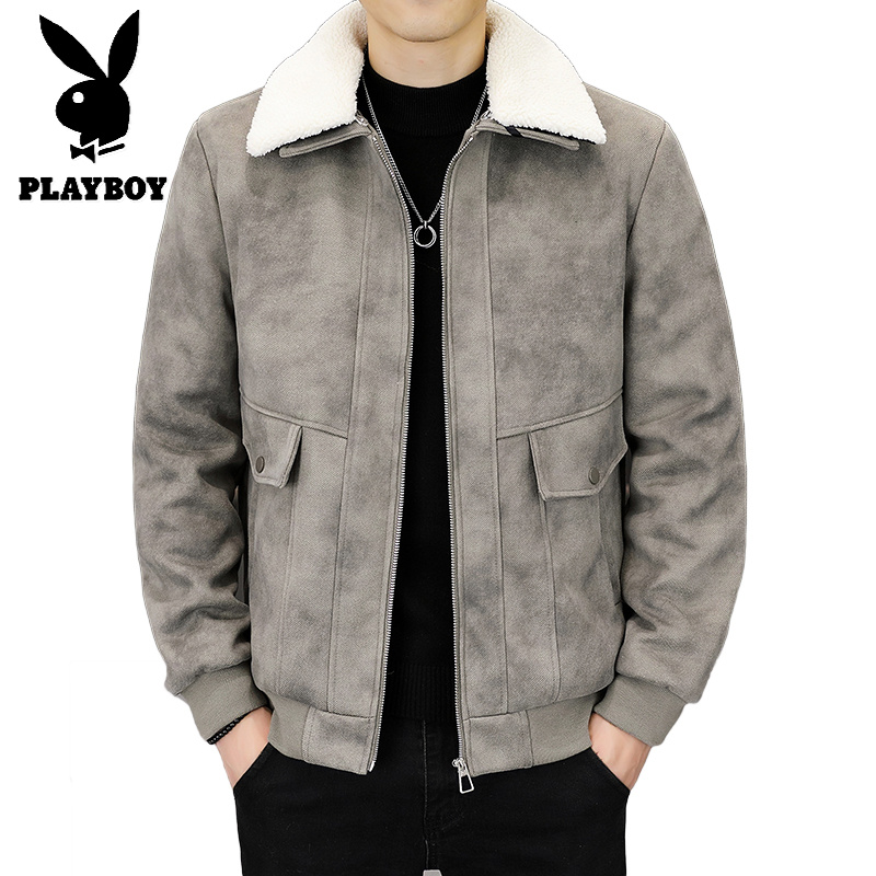 花花公子新款脏脏布男士冬季加绒加厚外套时尚个性百搭夹克高清大图