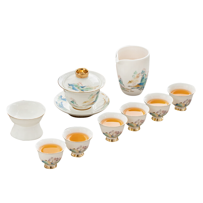 金镶玉 功夫茶具整套装羊脂玉白瓷盖碗茶杯陶瓷泡茶礼品盒高档 青山绿水