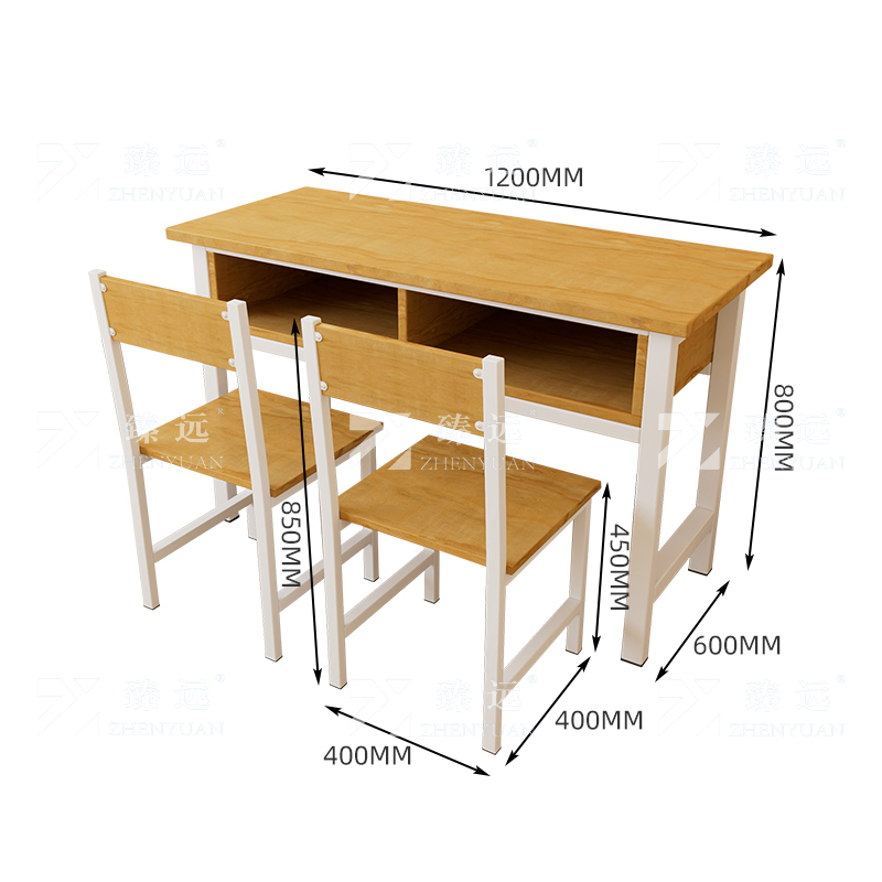臻远ZY4082145 学生课桌椅双层带抽屉培训班学习桌学校辅导班教室双人桌 胡桃色含椅子+白架1200*600*800高清大图
