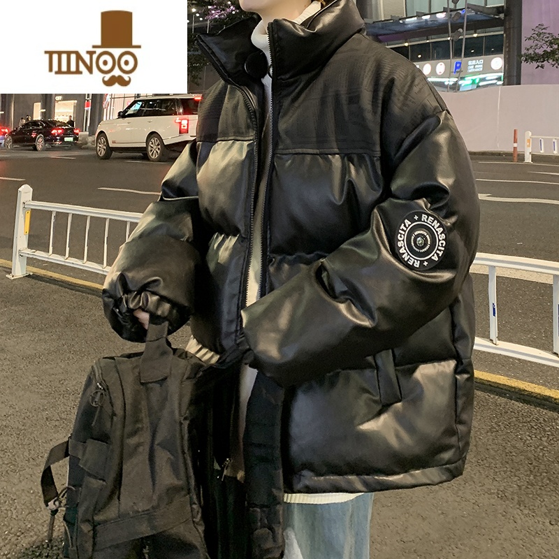 YANXU立领pu皮棉衣男加厚保暖宽松棉服潮牌痞帅学生休闲面包服外套 2XL 黑色