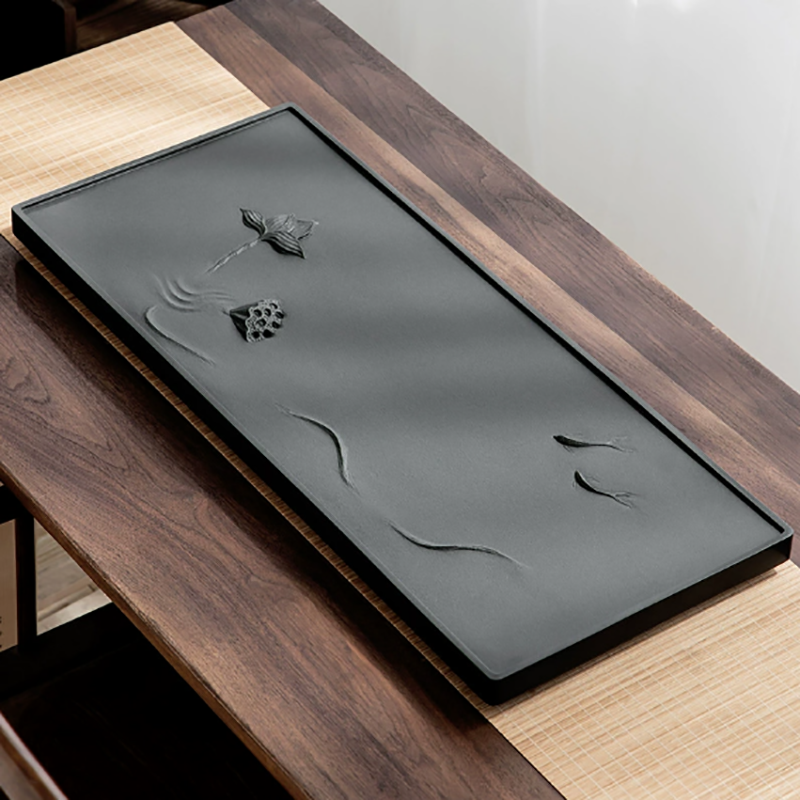 方然荷意有余乌金石茶盘 带排水口70*30*3cm高清大图
