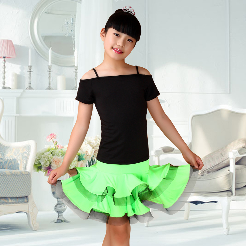 儿童演出裙女童舞蹈服装拉丁舞裙短裙表演裙大摆舞蹈裙荷叶裙夏季