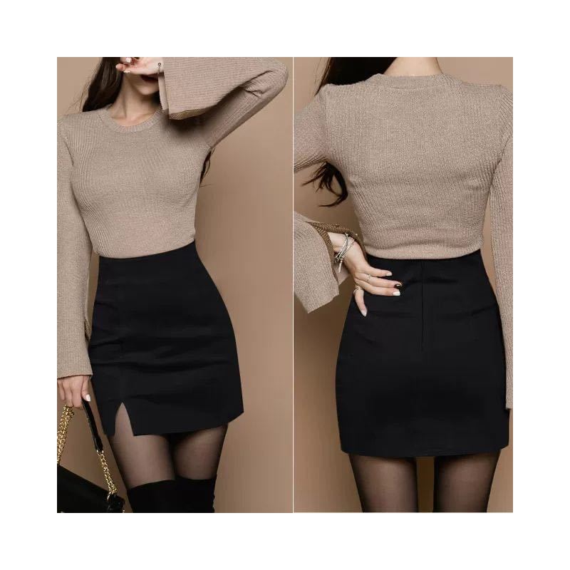 包臀裙秋冬短裙女性感紧身半身裙短款显瘦高腰毛呢裙子开叉一步裙