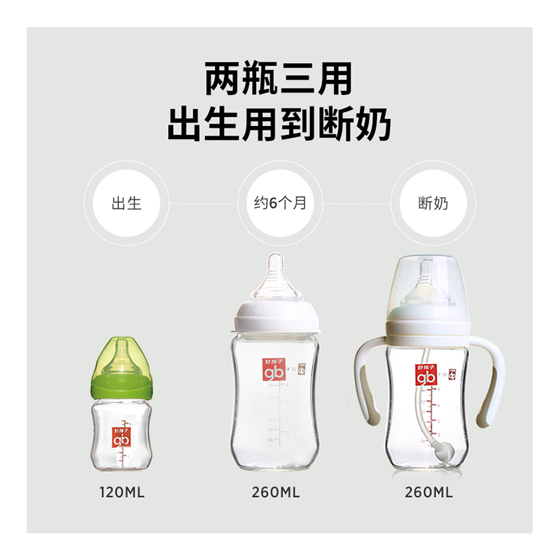 好孩子母乳实感宽口径握把吸管玻璃奶瓶260ml(盘羊系列)