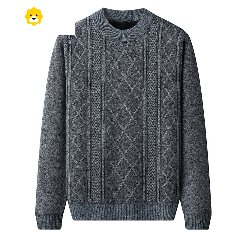 fishbasket加绒加厚毛衣男冬季宽松圆领扭花中老年毛衫线衣打底针织衫