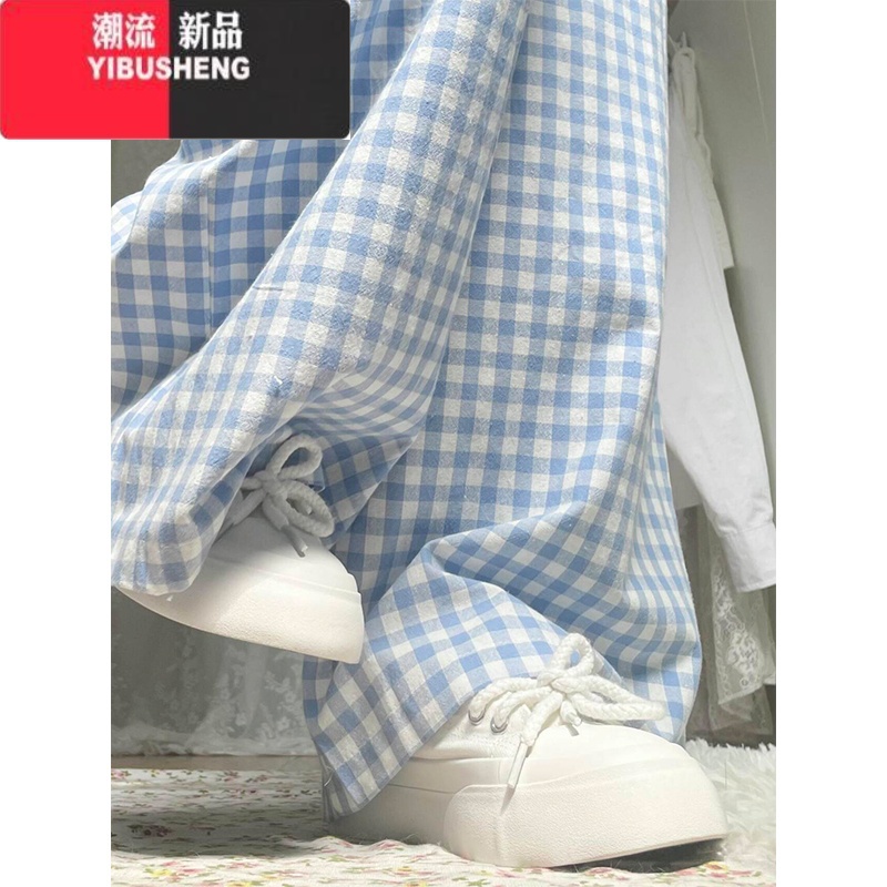 YIBUSHENG日韩系白边撞色松紧腰棉格子阔腿裤女慵懒风直筒拖地垂感休闲裤高清大图