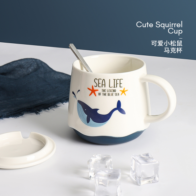 海洋卡通鲸鱼带盖勺陶瓷创意潮流家用牛奶杯陶瓷杯子马克杯水杯