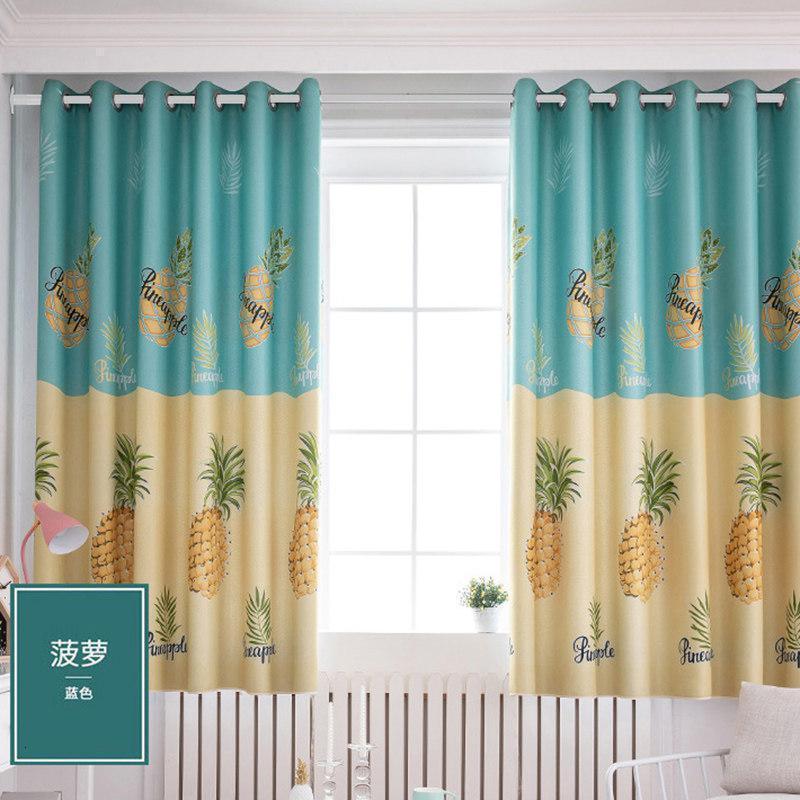 美帮汇免打孔安装伸缩杆窗帘防风挡风防寒遮光小窗帘飘窗帘客厅定制挂钩 菠萝-蓝色-挂钩 宽3.0X高2一1片-可改短/送杆
