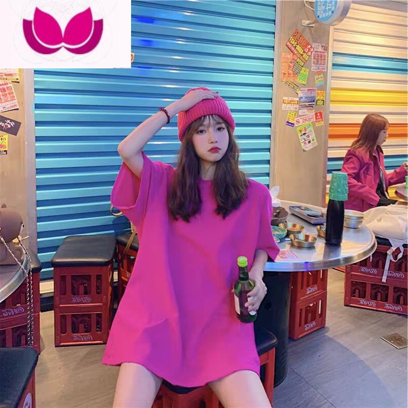 七斓玫红色t恤女短袖大码网红2023新款夏ins风T中长款宽松纯色上衣潮高清大图