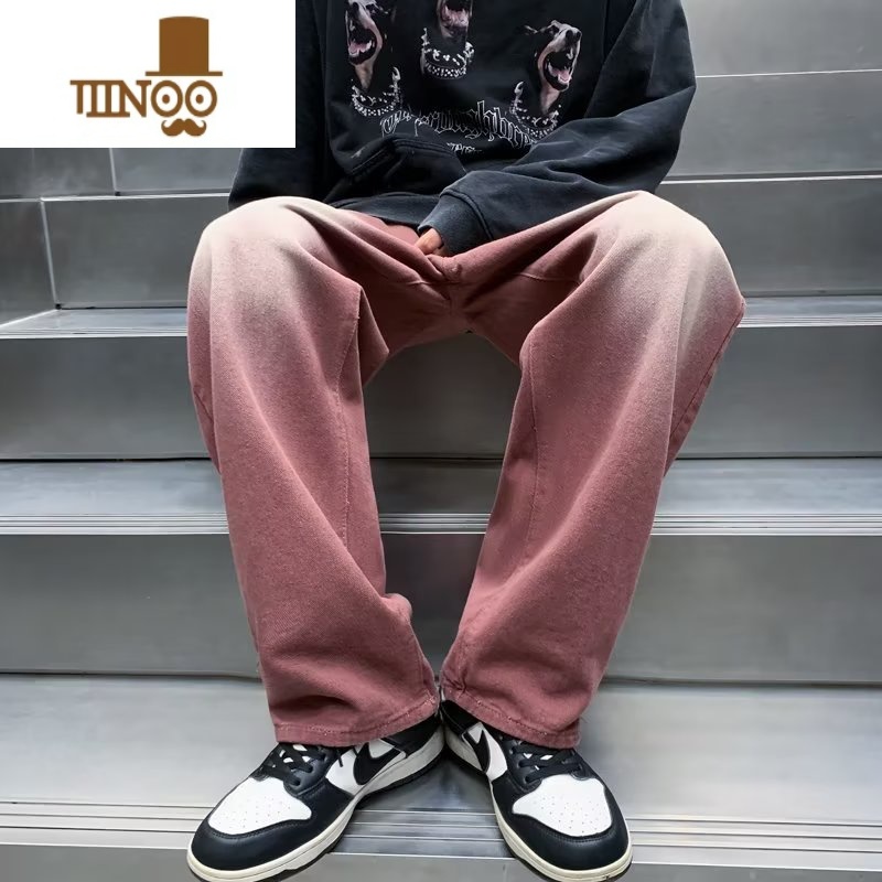 YANXU美式水洗做旧红色大码牛仔裤男宽松直筒oversize高街抽绳阔腿裤子高清大图